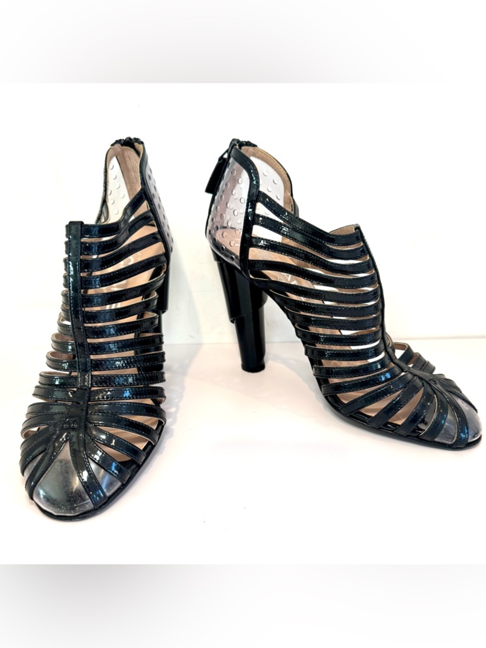 Chanel Black Patent Leather & Clear PVC Cage Block Heel Sandal W CC Logo, Sz 38